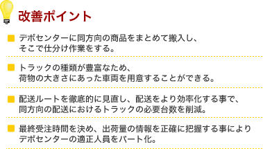 改善のポイント ■デポセンターに同方向の商品をまとめて搬入し、そこで仕分け作業をする。 ■トラックの種類が豊富なため、荷物の大きさにあった車両を用意することができる。 ■配送ルートを徹底的に見直し、配送をより効率化する事で、同方向の配送におけるトラックの必要台数を削減。 ■最終受注時間を決め、出荷量の情報を正確に把握する事によりデポセンターの適正人員をパート化。